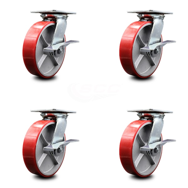 8 Inch Red Poly on Cast Iron Caster Set with Roller Bearing and Brake SCC